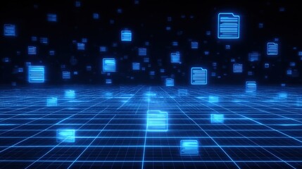 Abstract network grid with files and folders, futuristic software interface, digital document management system, store, search and organize documents, corporate business, paperless office. banner,