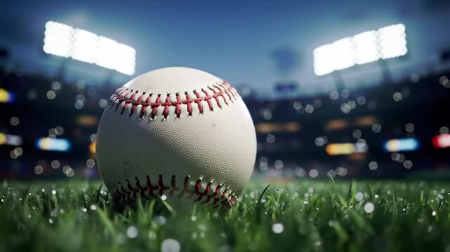 Cinematic baseball close-up on stadium grass at dusk with animated lights, crowd, and atmosphere