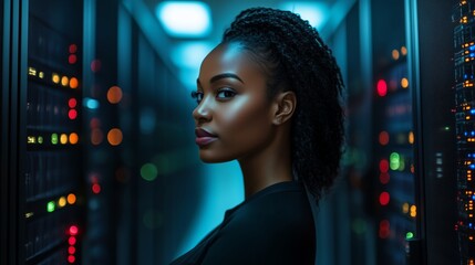 Black woman IT support engineer troubleshooting network issues in a dark server room, focusing on cybersecurity and analytics with ample copy space