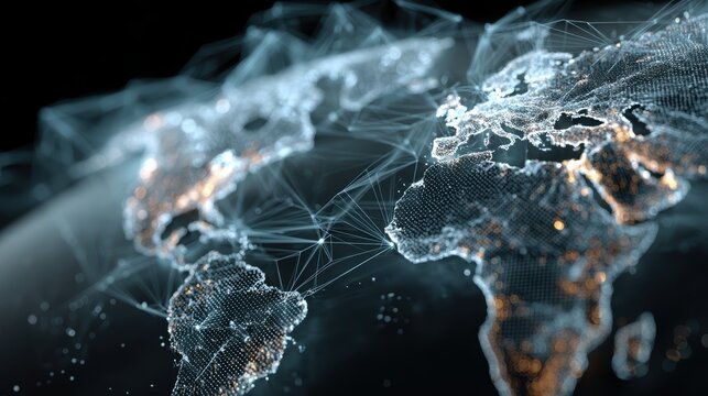 3D digital interface powered by AI displaying global network connections and data flow