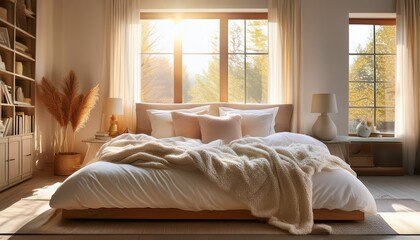 cozy bedroom scene featuring soft bed adorned with fluffy pillows and warm blanket illuminated by gentle sunlight streaming through window creating serene atmosphere