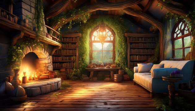 a magical fairy tale cottage 3d background room with rustic wooden beams ivy covered walls and a cozy fireplace illuminating shelves filled with enchanted books glowing fairy dust floats through
