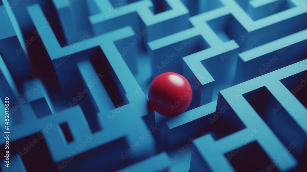 Poster rolling ball navigating steep slopes and tight spaces to find the exit