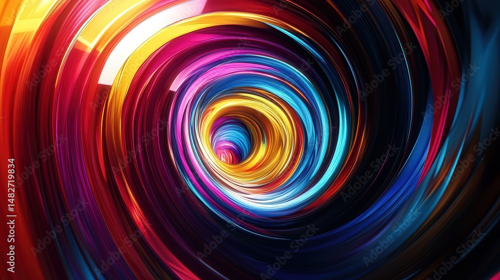 Poster spiral layer design, with bright hues spiraling inward, creating a sense of depth and motion in a ca