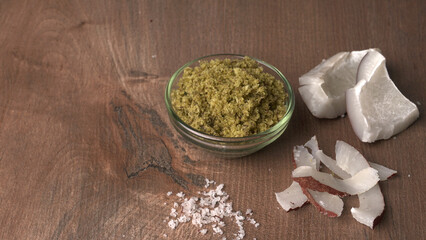 Coconut chutney in a bowl with raw coconut and green chilli ,Served with dosa, idli, vada