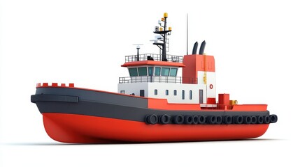Fototapeta premium A tugboat clipart, port assistance element, 3D illustration, navy and red, isolated on white background