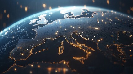 Global connection Earth with dots, binary code, and lines focusing on Europe for big data and cryptocurrency theme in minimalist 3D