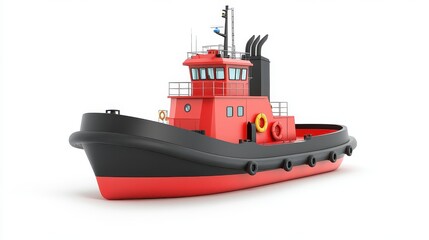 Fototapeta premium A tugboat clipart, port assistance element, 3D illustration, navy and red, isolated on white background