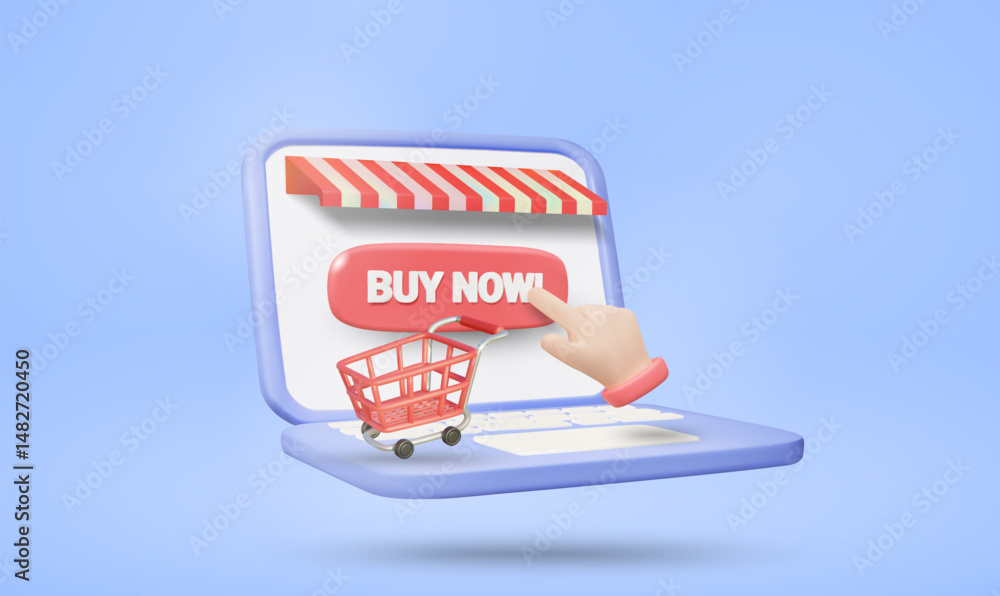Poster 3d illustration vector render of laptop store displaying buy now sign with hand clicking button and 