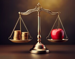 balance scale weighing a red apple and coins representing health versus wealth concept of health wealth and balance