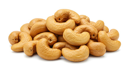 Fototapeta premium Heap of Golden Brown Salted Cashew Nuts on a Clean White Background Freshly Roasted Perfect for Healthy Snacking Tabletop Studio Shot
