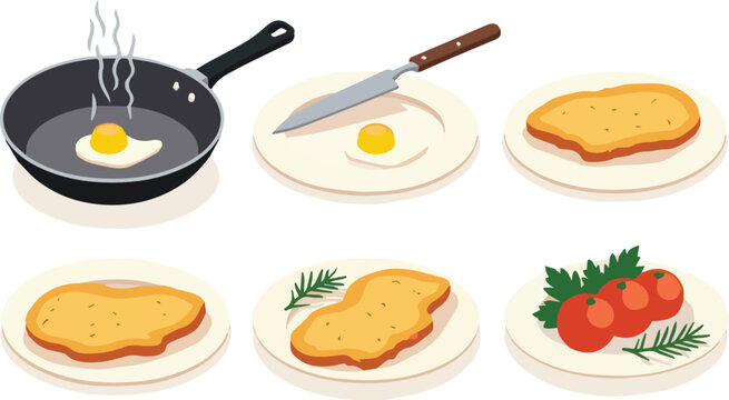 Create a Instructions how to Prepare Chicken Schnitzel in Pan. Coat Meat with Egg and Breadcrumbs, Fry on both Sides and Serve. Cooking Guide. Flat Line Vector Illustration and Icons set. 