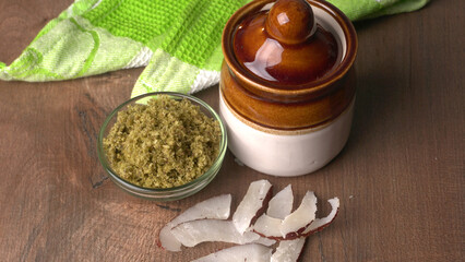 Coconut chutney in a bowl with raw coconut and green chilli ,Served with dosa, idli, vada