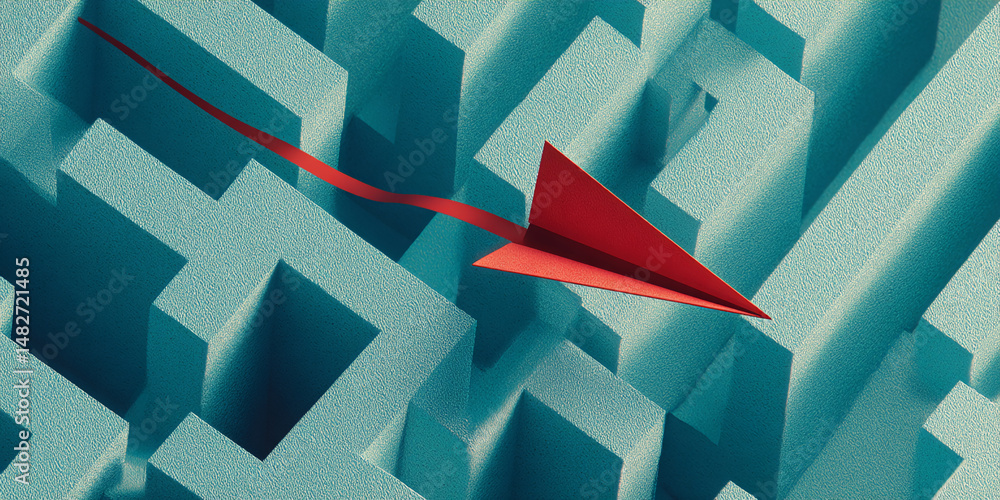 Poster red paper airplane navigating turquoise textured maze, symbolizing problem-solving, journey, or find