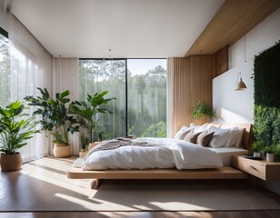 serene modern minimalist bedroom sanctuary featuring large bed with soft bedding natural light streaming through large windows and lush indoor plants creating calming atmosphere