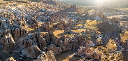 High-angle view of the dramatic, eroded rock formations of Los Bolillos. Neuquen, Argentina