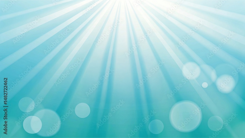 Poster bright blue background with rays of light and soft bubbles creating a serene atmosphere.