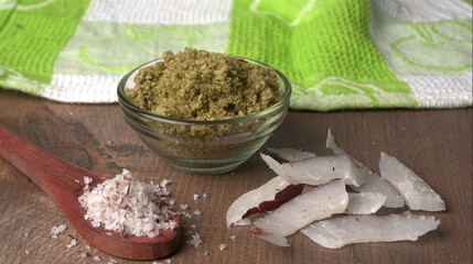 Coconut chutney in a bowl with raw coconut and green chilli ,Served with dosa, idli, vada