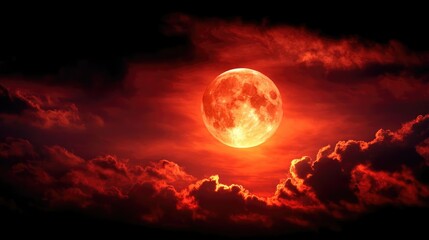 Red moon behind black clouds with eerie flames at night concept. A stunning red moon shining through dramatic clouds at night.