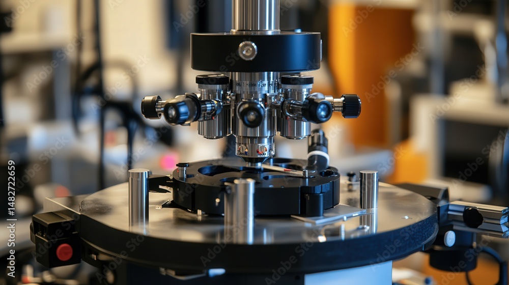 Poster the microscope head, emphasizing its multiple lenses and precise engineering for research