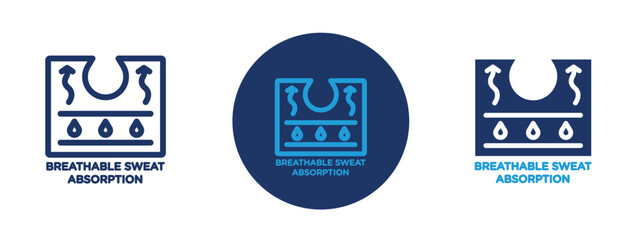 Set of 5 pixel perfect colored Breathable sweat absorption icon with 1 unexpanded, 1 silhouette,  Fabric or clothing icon with arrows indicating airflow and moisture-wicking capability.
