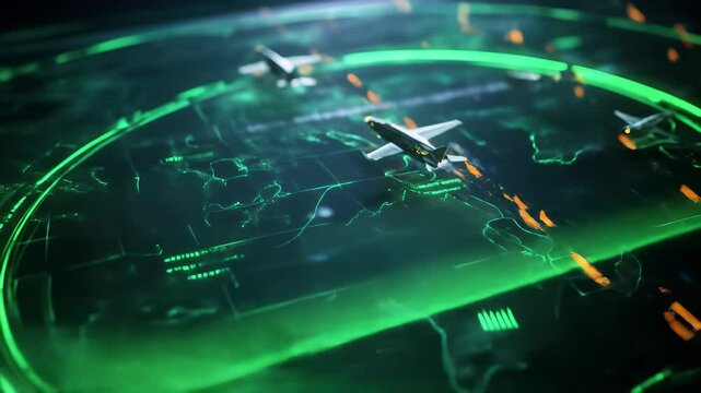 Global Air Traffic Visualization: Green Digital Radar Display Showing Airplane Flights - Powered by Adobe