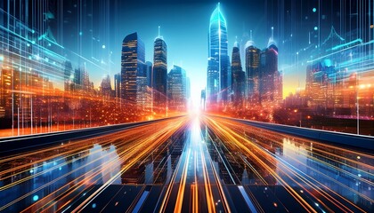 visually striking depiction of futuristic cityscape with glowing skyscrapers and digital data streams vibrant orange and blue colors create dynamic atmosphere evoking sense of advanced