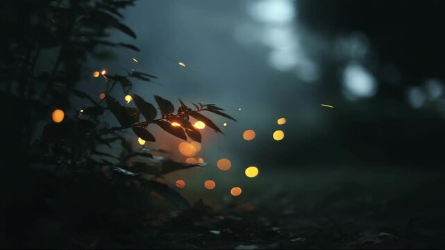 Night forest firefly lights