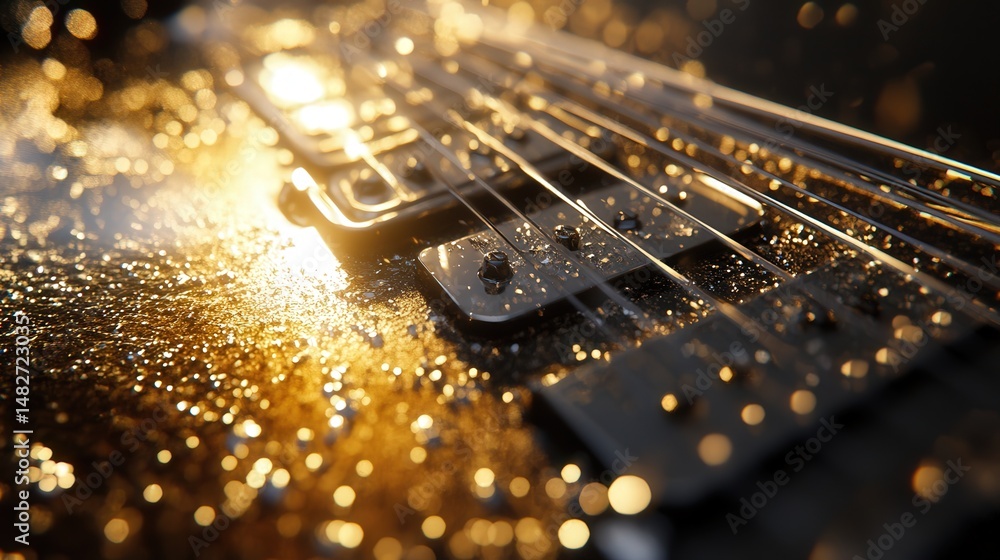 Poster guitar strings with a pickguard reflection, showing the light bouncing off the metal and subtle dust