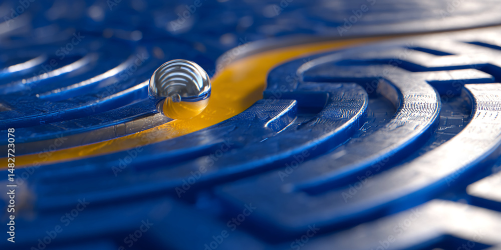 Poster metallic sphere in blue and yellow maze, showcasing a pathfinding or problem-solving concept, symbol