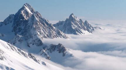 Obraz premium A breathtaking panoramic view of the towering snow covered mountain peaks piercing through the ethereal clouds creating a serene and landscape