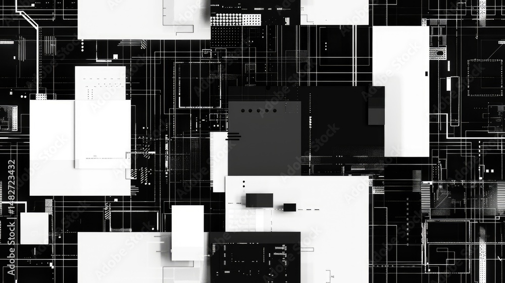 Poster The abstract picture of glitch circuit in square shape sketched by black color use shading to express software effect and algorithm graphic of digital chip through modern and electronic style. AIG53.