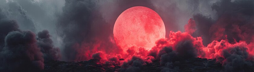 Obraz premium Red moon behind black clouds above dark smoky flames concept. A surreal landscape featuring a vibrant red moon amidst clouds.