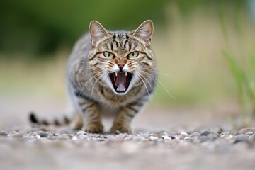 Fototapeta premium Angry tabby cat with open mouth showing teeth, walking toward camera on gravel path.