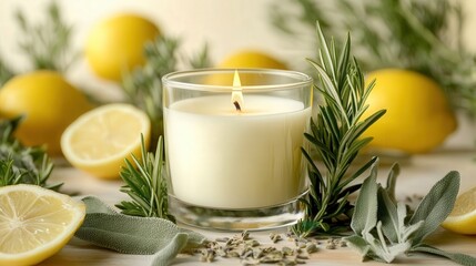 glass container, surrounded by fragrant rosemary, sage, and lemon slices, offering a relaxing and aromatic environment
