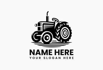 Black and white silhouette of old-fashioned agricultural tractor with prominent wheels on clean background. Farming history concept