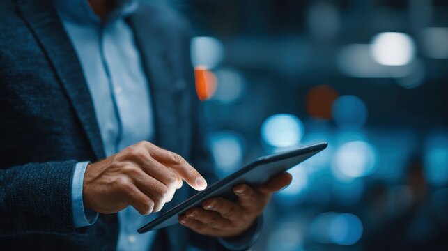 A security professional using a tablet to manage cybersecurity efforts and protect sensitive data in a professional setting