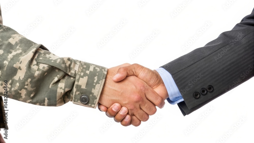 Poster handshake between a soldier and a businessman symbolizes unity and collaboration.