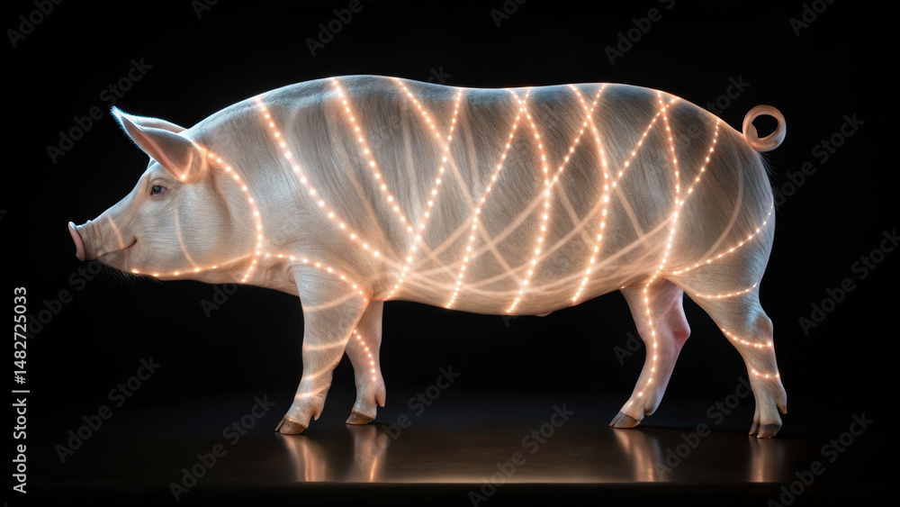 Poster pigs genetic concept ,glowing genetic pattern moves through pig body, creating captivating visual ef