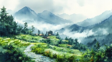 Misty mountain village nestled in terraced fields