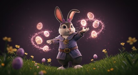 Rabbit Juggles Easter Eggs with Magic in Grass