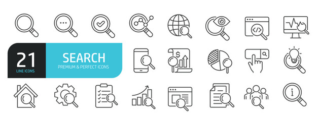 Set of line icons related to search, magnifying, research. Outline icons collection. Editable stroke. Vector illustration stock illustration