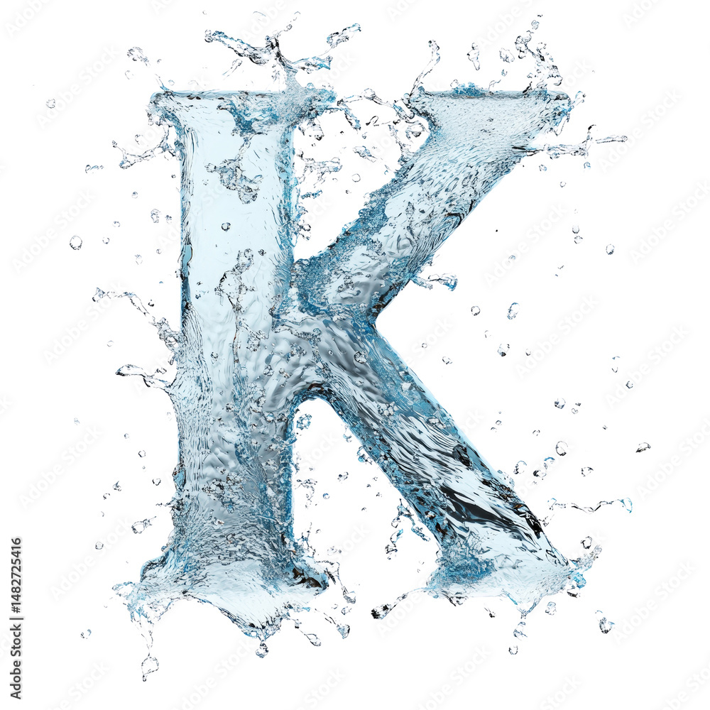 Poster letter k made of water splash with dynamic flowing effect and detailed liquid texture within the sha