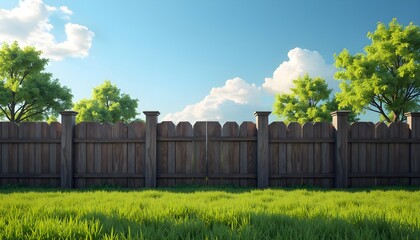 A wooden fence with green grass and trees against a bright blue sky with fluffy white clouds