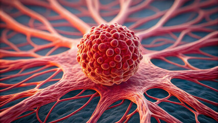 Detecting cancer concept ,Microscopic view of angiogenesis around tumor cells, showcasing intricate blood vessel formation