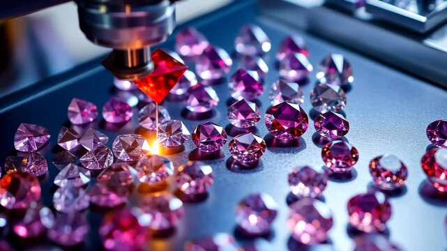 Robotic precision: machine arranging sparkling gemstones on shiny surface