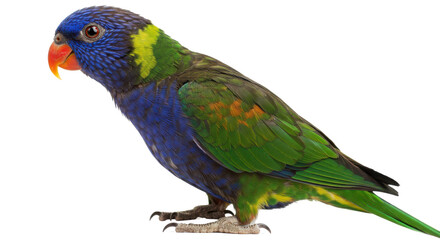 Colorful blue and green parrot side view isolated on white background
