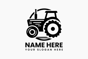 Black and white silhouette of old-fashioned agricultural tractor with prominent wheels on clean background. Farming history concept