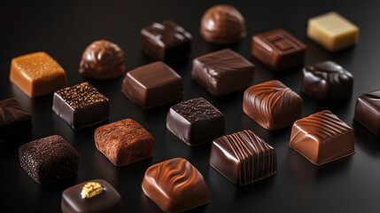 Assortment Of Dark Chocolate Pieces With Glossy Finishes On Dark Background.