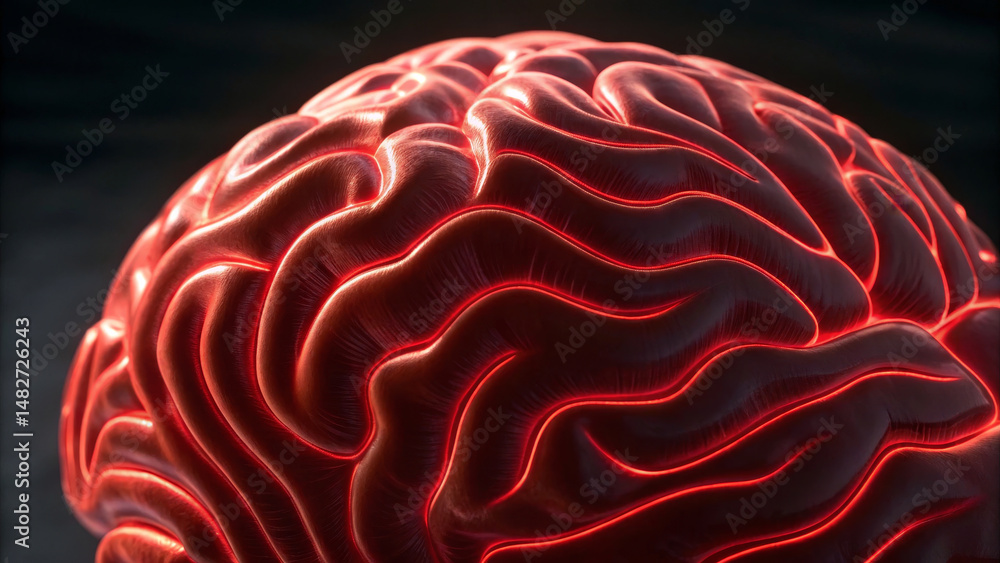 Poster brain inflammation concept,detailed view of brain with red light waves rippling across its surface, 